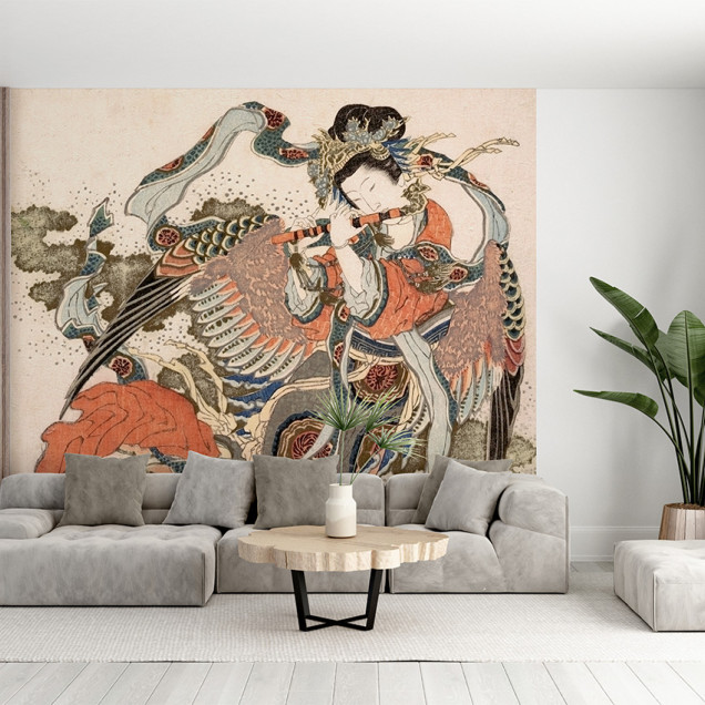 Wallpaper japonez cu o femeie cu aripi de pasăre care cântă la o flaută tradițională.