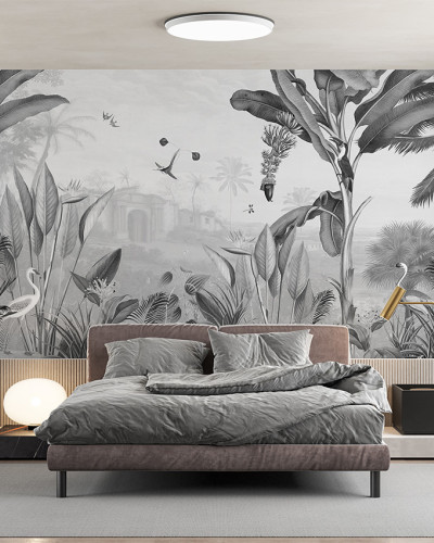 Tapet botanical alb-negru intr-un dormitor modern