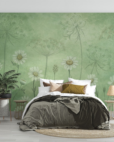 Fototapet floral cu margarete albe pe fundal verde