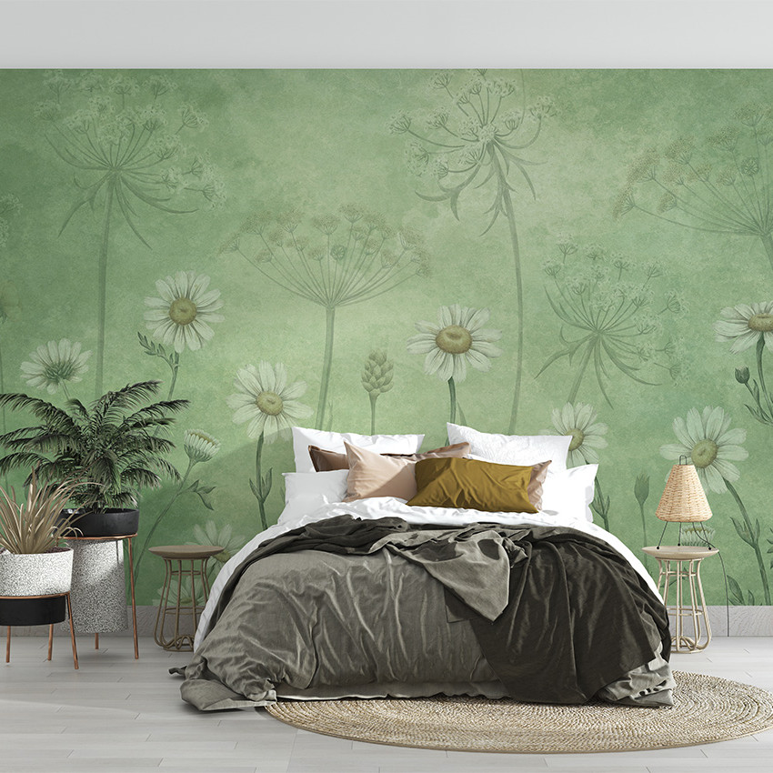 Fototapet floral cu margarete albe pe fundal verde