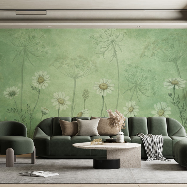 Fototapet floral cu margarete albe pe fundal verde