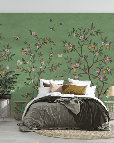 Tapet personalizat cu design Chinoiserie cu arbori cu lămâi, flori și păsări pe fundal verde