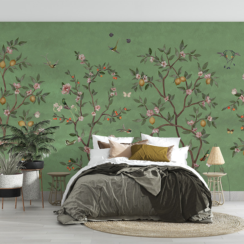 Tapet personalizat cu design Chinoiserie cu arbori cu lămâi, flori și păsări pe fundal verde