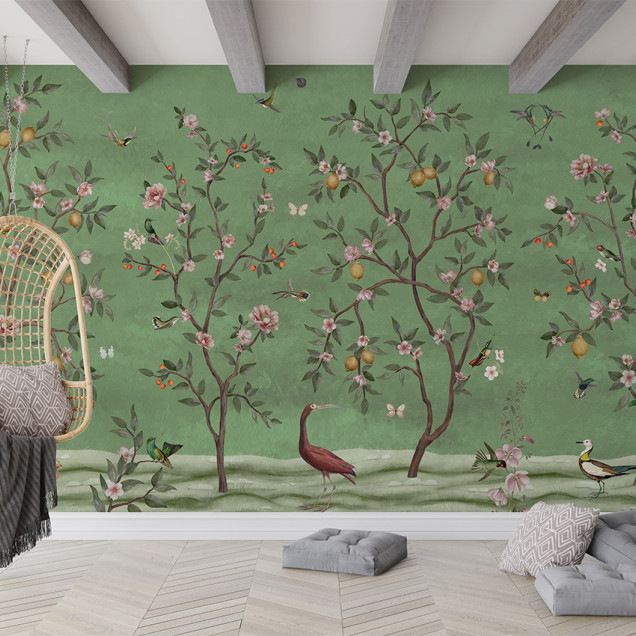 Tapet personalizat cu design Chinoiserie cu arbori cu lămâi, flori și păsări pe fundal verde