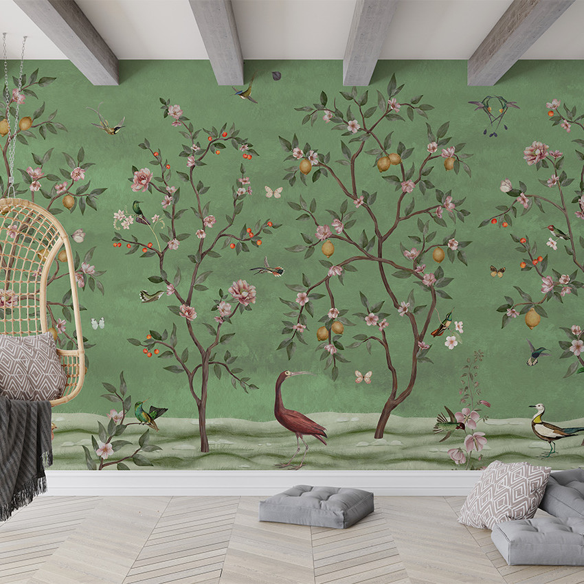 Tapet personalizat cu design Chinoiserie cu ramuri de lămâi pe fundal roz