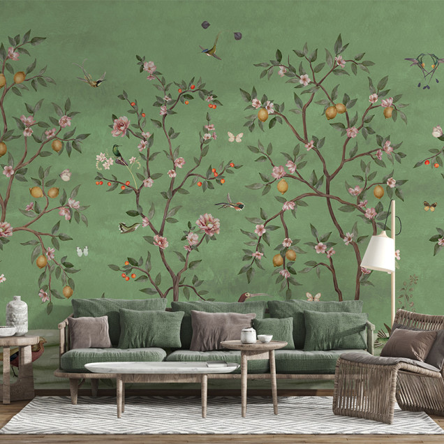 Tapet personalizat cu design Chinoiserie cu arbori cu lămâi, flori și păsări pe fundal verde