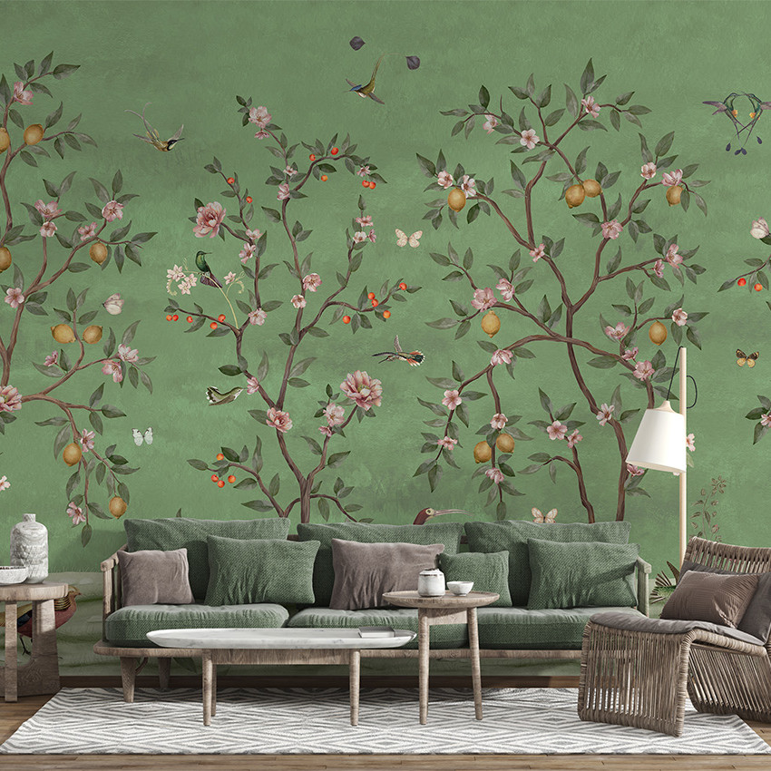 Tapet personalizat cu design Chinoiserie cu ramuri de lămâi pe fundal roz