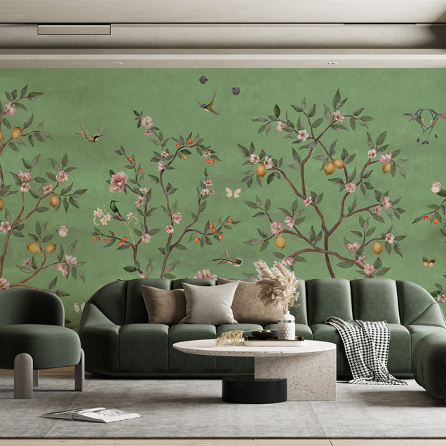 Tapet personalizat cu design Chinoiserie cu arbori cu lămâi, flori și păsări pe fundal verde
