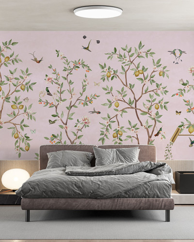 Tapet personalizat cu design Chinoiserie cu ramuri de lămâi pe fundal roz