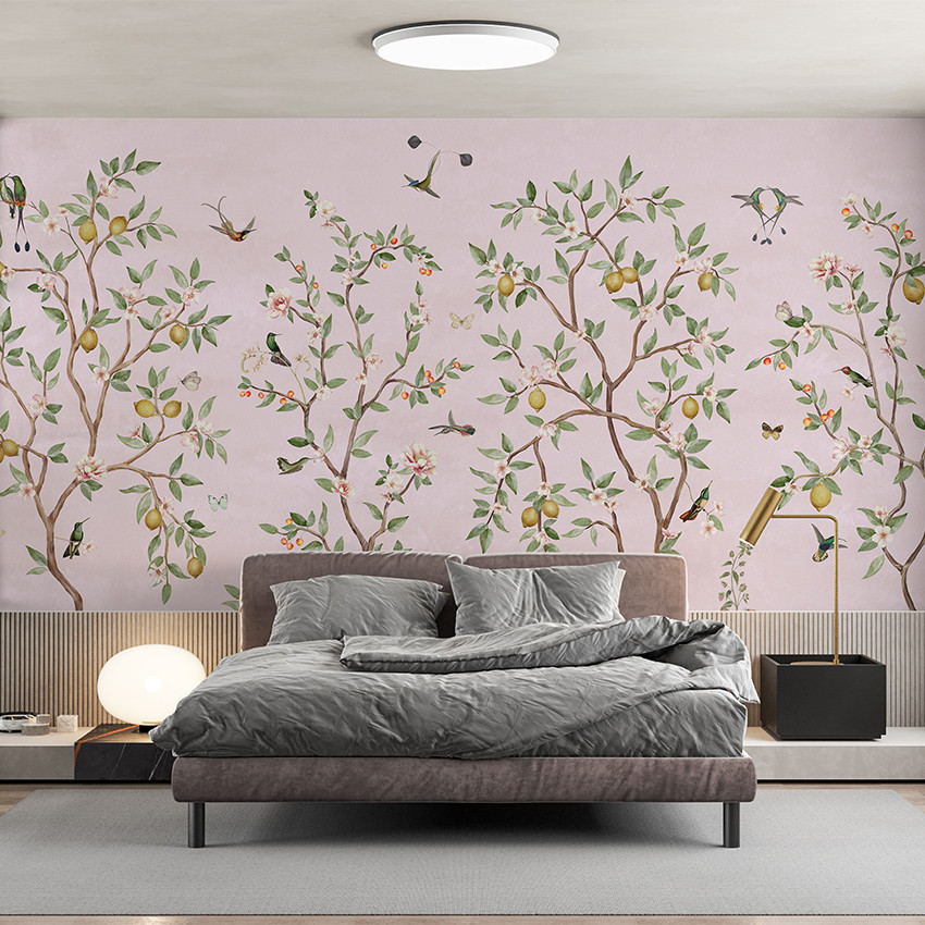 Tapet personalizat cu design Chinoiserie cu ramuri de lămâi pe fundal roz
