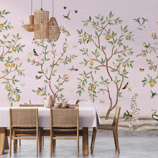 Tapet personalizat cu design Chinoiserie cu ramuri de lămâi pe fundal roz