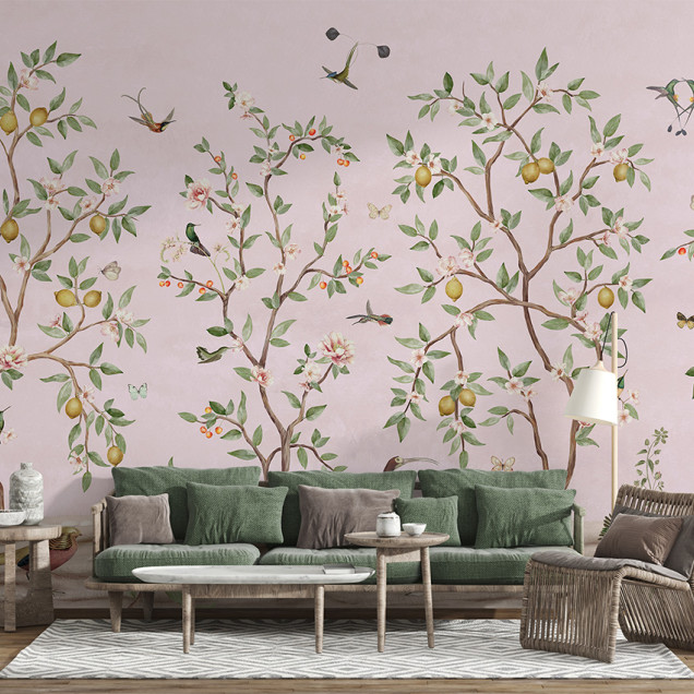 Tapet personalizat cu design Chinoiserie cu ramuri de lămâi pe fundal roz