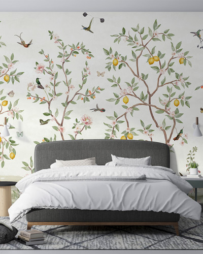 Tapet personalizat cu design Lemon Tree Chinoiserie într-un dormitor