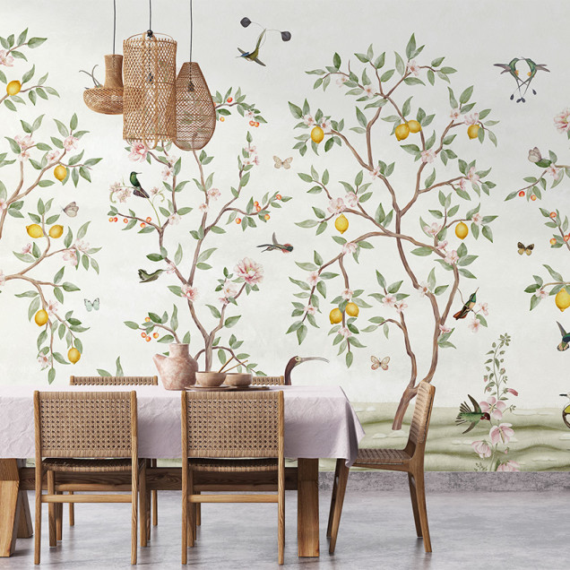 Tapet personalizat cu design Lemon Tree Chinoiserie într-un dormitor