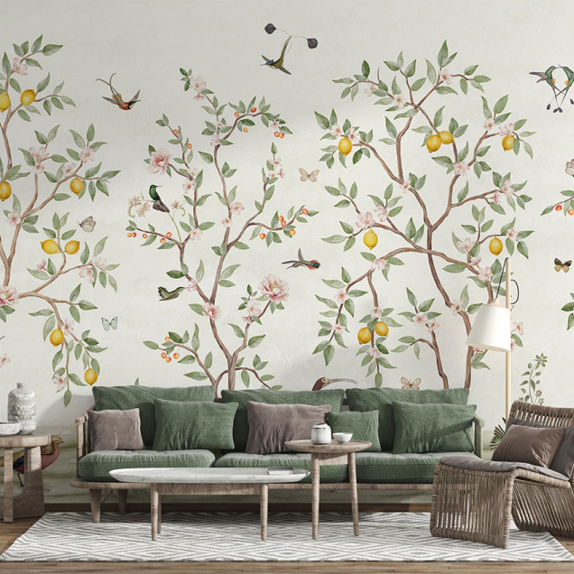 Tapet personalizat cu design Lemon Tree Chinoiserie într-un dormitor