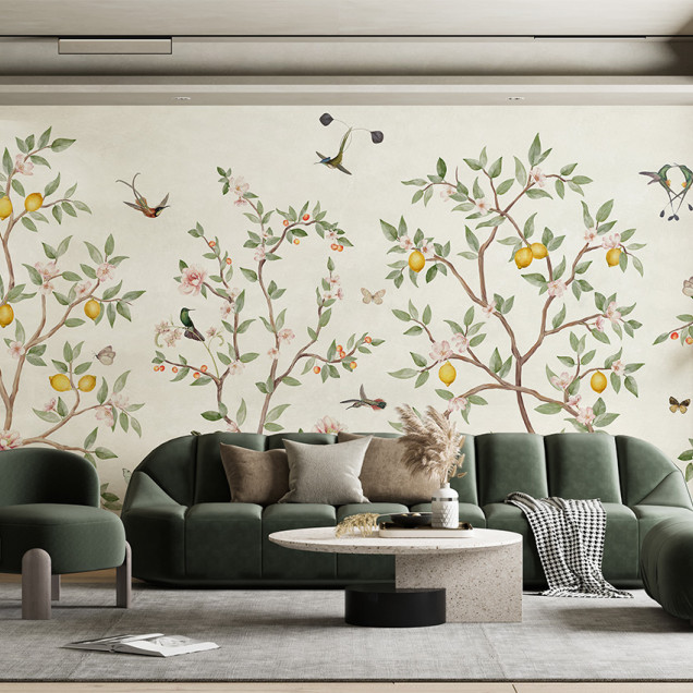 Tapet personalizat cu design Lemon Tree Chinoiserie într-un dormitor