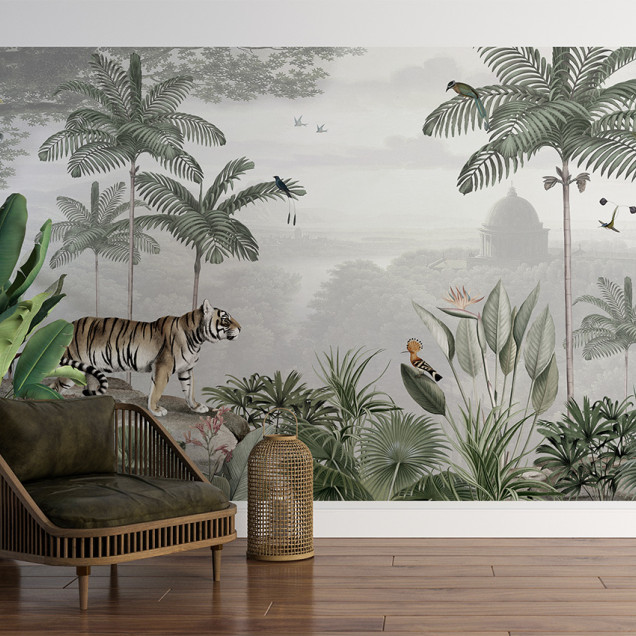 Tapet personalizat cu motiv tropical și tigru