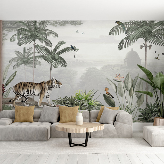 Tapet personalizat cu motiv tropical și tigru
