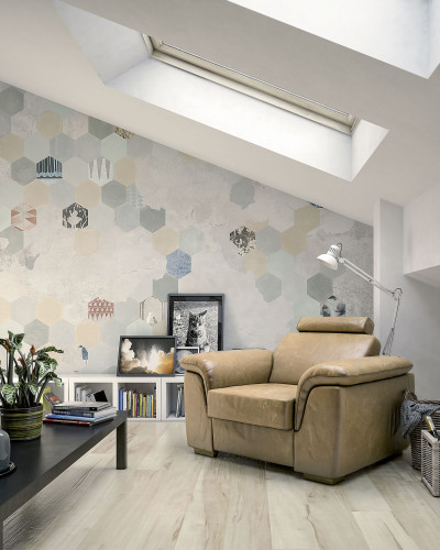 Tapet Esagona, Mix Cement - un design geometric modern, inspirat din mozaicurile clasice.