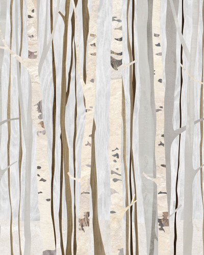 Tapet Alberi Infinity White cu design minimalist, cu trunchiuri de copaci in nuante de gri si maro, pe un fundal alb.