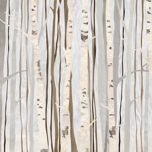 Tapet Alberi Infinity White cu design minimalist, cu trunchiuri de copaci in nuante de gri si maro, pe un fundal alb.