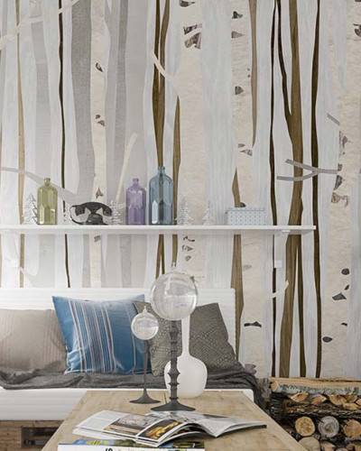 Tapet Alberi Infinity White cu design minimalist, cu trunchiuri de copaci in nuante de gri si maro, pe un fundal alb.