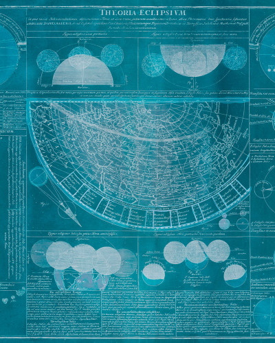 Tapet Eclypse, Blue cu design vintage de hartă a lumii și diagrame ale eclipselor.