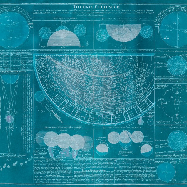Tapet Eclypse, Blue cu design vintage de hartă a lumii și diagrame ale eclipselor.