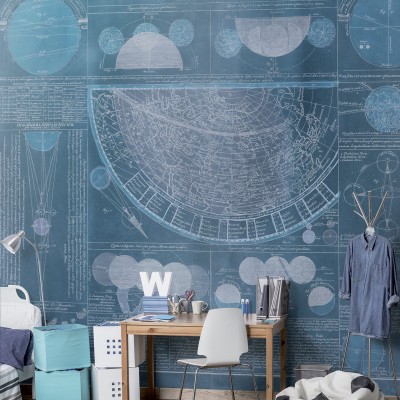 Tapet Eclypse, Blue cu design vintage de hartă a lumii și diagrame ale eclipselor.