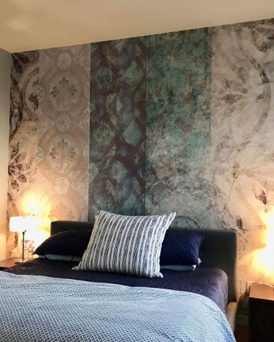 Tapet vintage Palazzo, Affresco, cu design inspirat din arta renascentista, in nuante de gri, verde si auriu.