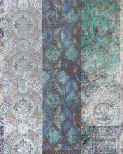 Tapet vintage Palazzo, Affresco, cu design inspirat din arta renascentista, in nuante de gri, verde si auriu.