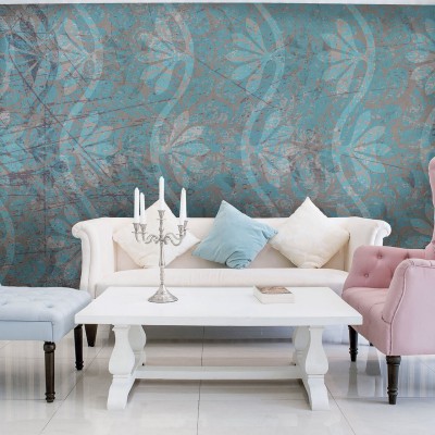 Tapet Villa Blue cu design abstract, in culori delicate de albastru si gri, ideal pentru living, dormitor sau hol