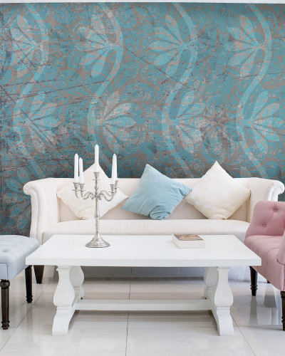 Tapet Villa Blue cu design abstract, in culori delicate de albastru si gri, ideal pentru living, dormitor sau hol