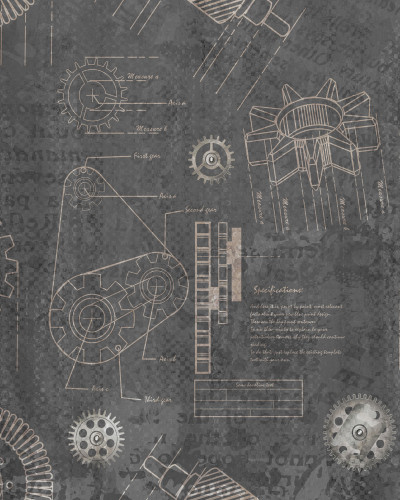 Tapet cu design industrial, cu o imagine a unor angrenaje si schema tehnica de asamblare.