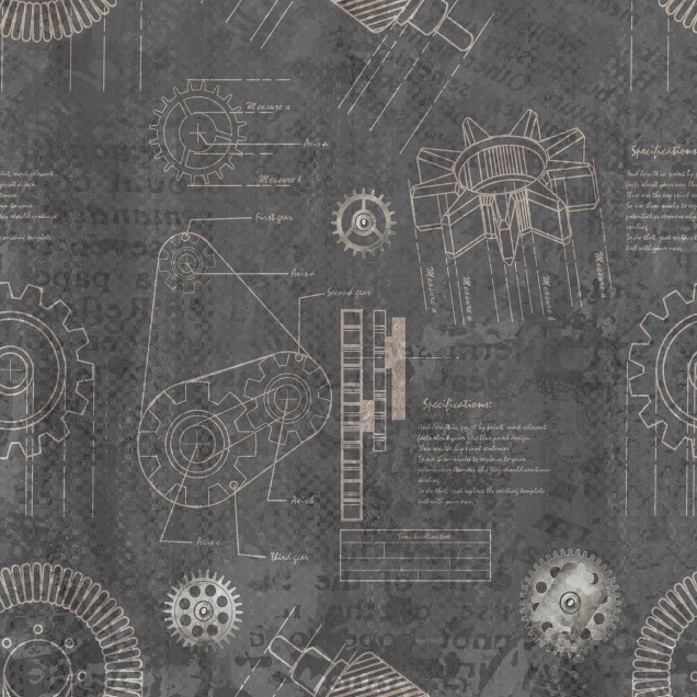 Tapet cu design industrial, cu o imagine a unor angrenaje si schema tehnica de asamblare.