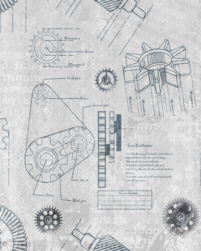 Fototapet cu design industrial, reprezentând angrenaje complexe pe un fundal gri