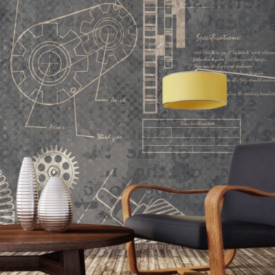 Tapet cu design industrial, cu o imagine a unor angrenaje si schema tehnica de asamblare.