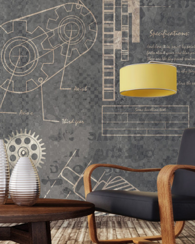 Tapet cu design industrial, cu o imagine a unor angrenaje si schema tehnica de asamblare.