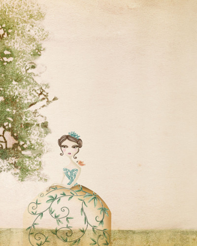 Wallpaper cu o femeie intr-o rochie cu flori si o pasare, pe un fundal vintage, cu un pian in prim plan