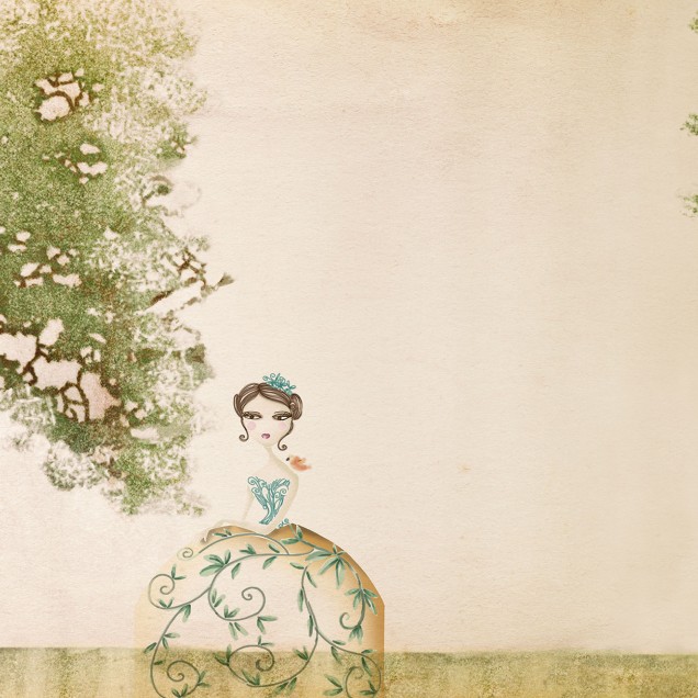 Wallpaper cu o femeie intr-o rochie cu flori si o pasare, pe un fundal vintage, cu un pian in prim plan