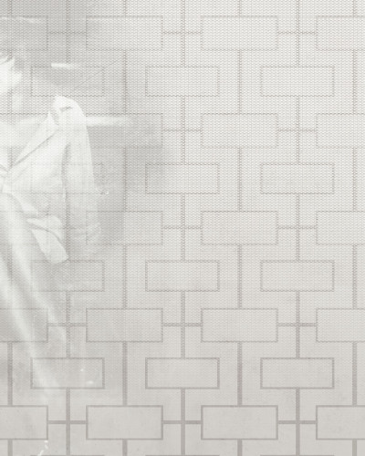 Tapet modern Vintage Grey, cu un design geometric subtil și o imagine estompată a unei femei în stil vintage.