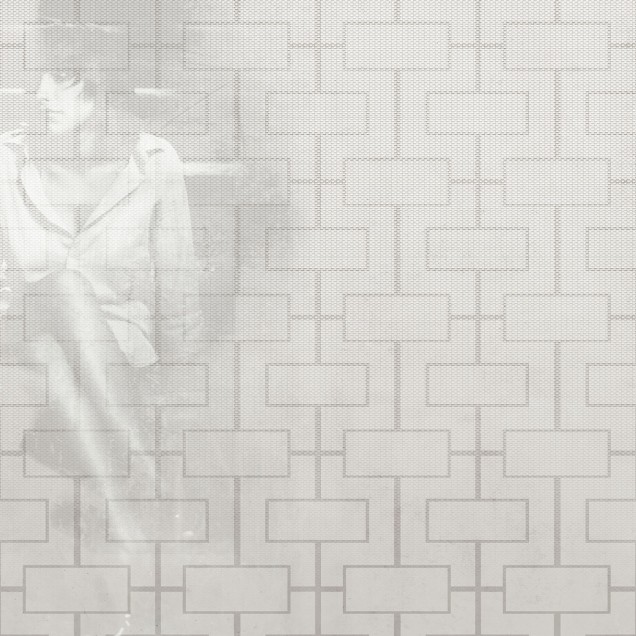Tapet modern Vintage Grey, cu un design geometric subtil și o imagine estompată a unei femei în stil vintage.