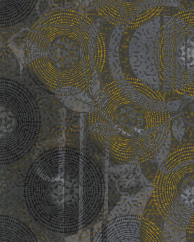 Seventies cu design geometric, cu cercuri aurii și gri pe un fond gri