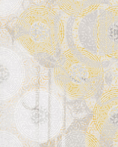 Fototapet cu design modern, cu cercuri aurii pe un fond alb gri.