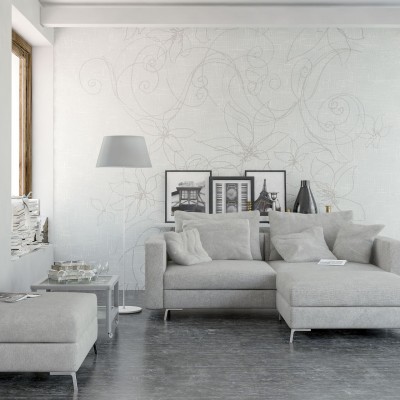 Tapet modern White Deco cu flori albe pe un fundal gri deschis