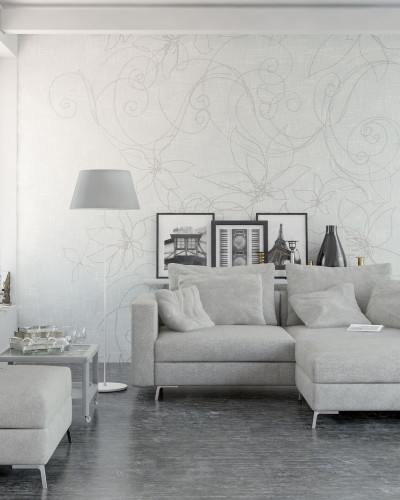Tapet modern White Deco cu flori albe pe un fundal gri deschis