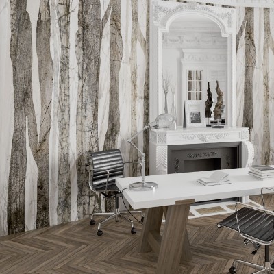 Forest, Brown - Tapet cu imprimeu minimalist, cu trunchiuri de copaci în nuanțe de maro și alb, perfect pentru spații moderne.