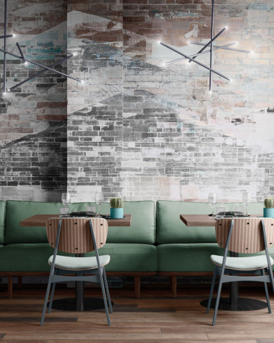 Tapet cu design industrial, in nuante de gri, cu textura de caramida.