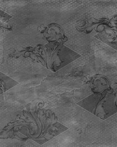 Wallpaper cu design geometric si floral, gri si negru