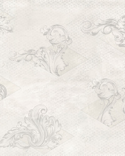 Wallpaper cu model floral gri deschis pe fundal geometric alb